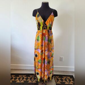 Colorful Maxi Dress Empire Waist Babydoll Y2K 90s Slinky Tropical Artsy Boho L